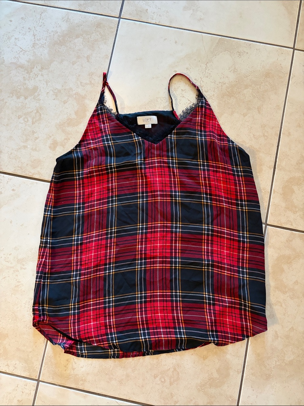 LOFT Red and Black Plaid Lace-Trim Camisole